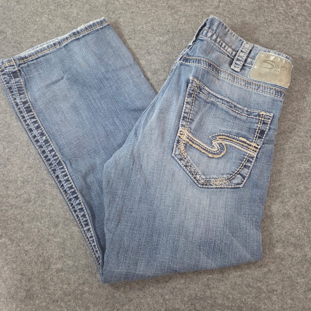 Silver Jeans Zac Mens 34x32 Light Wash Relaxed Straight Denim Jeans Distressed